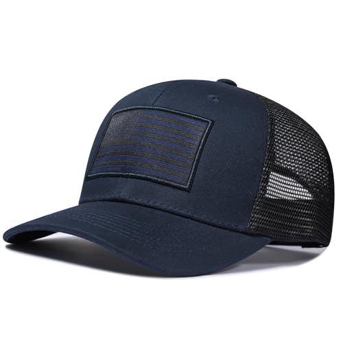 American Flag Trucker Hat, Patriotic Baseball Cap for Men & Women, Breathable Mesh Adjustable Snapback, USA Flag Patch - color: Navy