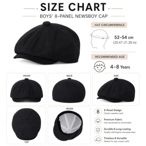 Kids Boys Vintage-Newsboy-Cap 8-Panel Beret Cabbie Hat for Toddler Boys Girls Pageboy - color: Black