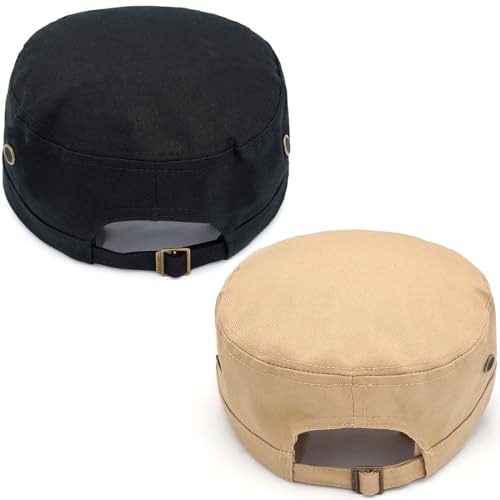 Cadet Army Hat 2 Pieces Flat Top Cap Unisex Military Hat for Women Men - color: Black C + Beige C
