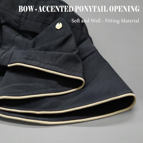 Women's Foldable Wide Brim Bowknot Bucket Hat Sun Protective - color: Black