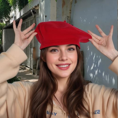 1Pcs French Beret Hats Solid Classic Beret Beanie Hats for Women Teens - color: Red