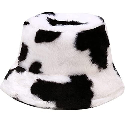 Winter Faux Fur Furry Bucket Hat Fluffy Fuzzy Warm Hat Plush Fisherman Hat for Women Men Teens Girls - color: Cow Print