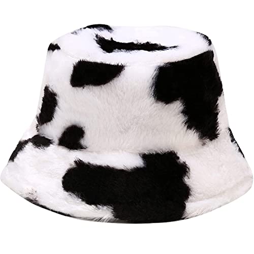 Winter Faux Fur Furry Bucket Hat Fluffy Fuzzy Warm Hat Plush Fisherman Hat for Women Men Teens Girls - color: Cow Print