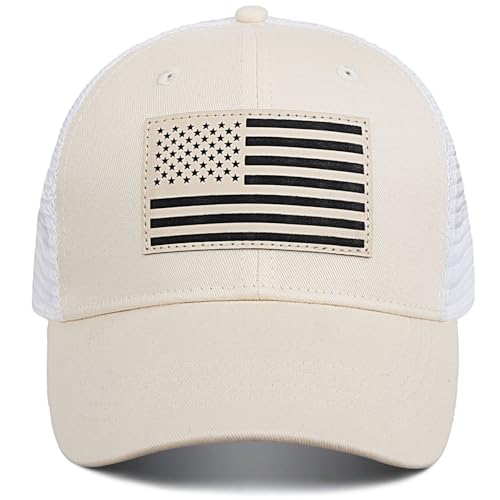 American Flag Trucker Hat - Snapback Hats for Men Women Baseball Cap - Breathable Mesh & Adjustable Fit for Casual Wear - color: Light Beige
