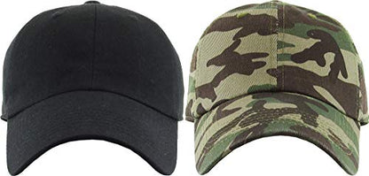 KBETHOS Classic Unisex Cotton Adjustable Low Crown Baseball Cap – Plain Dad Hat - color: Black + Camo (2 Pack)
