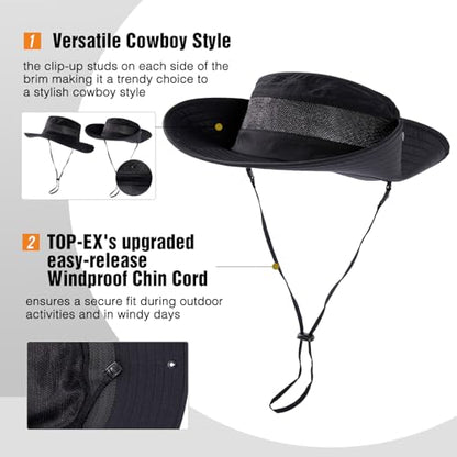 TOP-EX Oversized Waterproof Sun Hat for Big Heads with Wide Brim & Mesh - color: Black-3"brim, size: Medium-Large