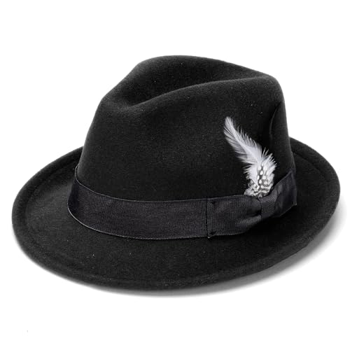 Ultrafun Fedora Hats for Men Women Classic Short Brim Felt Manhatta Fedora Hat with Feathers Band - color: Feather-black