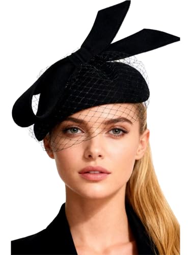 HIMESPORT Women Ladies Wool Felt Derby Fascinator Hats Wedding Bridal Tea Party Formal Femme Pillbox Hat with Veils Bow - color: Black