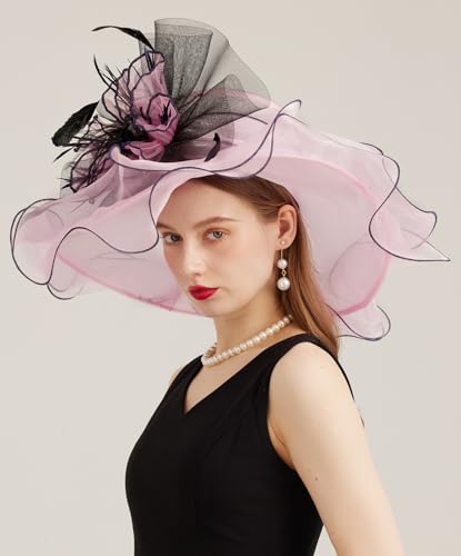 Women Derby Fascinator Hat Organza Church Wedding Hats Wide Brim Cocktail Tea Party Hat - color: 35pink