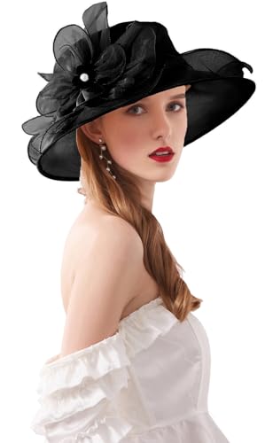 Women's Kentucky Derby Church Dress Hat Wide Brim Leaf Flower Bridal Shower Hat - color: T1 Black