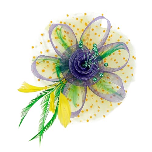 Century Star 2026 Kentucky Hat Derby Fascinator for Women Tea Party Flower Mesh Ribbons Feathers Headband Hair Clips - color: Green Yellow Purple