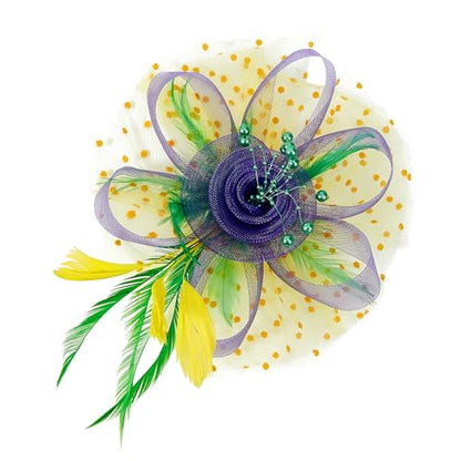 Century Star 2026 Kentucky Hat Derby Fascinator for Women Tea Party Flower Mesh Ribbons Feathers Headband Hair Clips - color: Green Yellow Purple