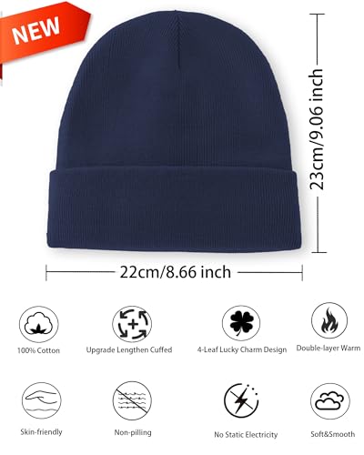 100% Cotton Beanie Lengthen Cuffed Beanies Knit Winter Hats Unisex - color: 1-navy Blue