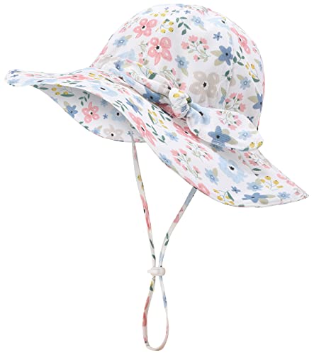 Baby Girl Sun Hat Infant Summer Beach Hat Toddler Bucket Hat UPF 50+ - color: A-blueflower, size: 0-6 Months