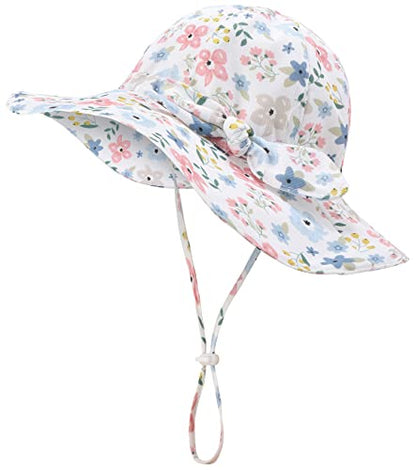 Baby Girl Sun Hat Infant Summer Beach Hat Toddler Bucket Hat UPF 50+ - color: A-blueflower, size: 0-6 Months
