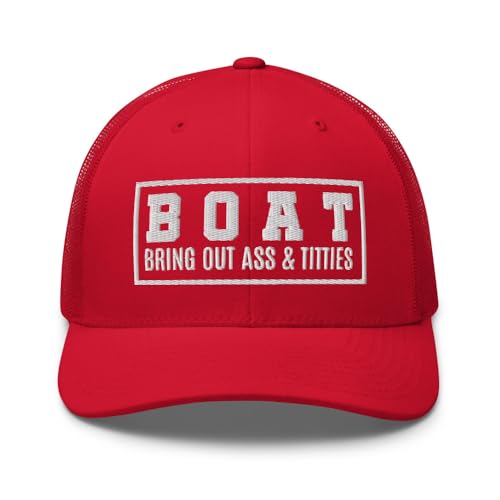 NG Boat Bring Out Ass and Titties Curved Bill Trucker Hat Mid Crown Adjustable Funny Adult Humor Cap - color: Red