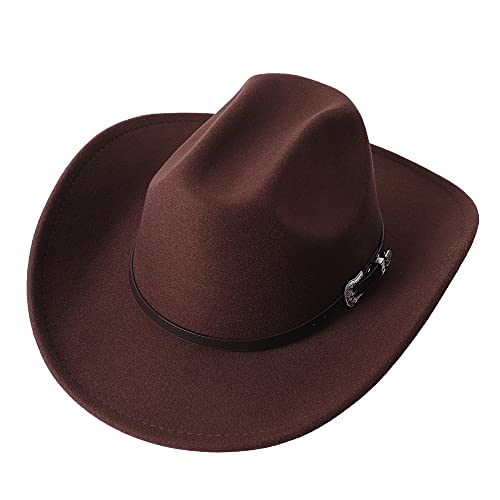 Men Women Wide Brim Western Cowboy Cowgirl Hats with Buckle Belt - color: Brown
