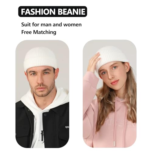 Fisherman Beanie for Men Knit Trawler Beanie Short Cuffed Watch Cap for Men Women - color: White
