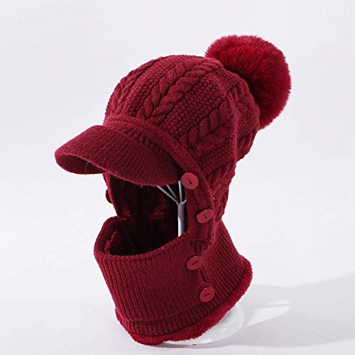 HUAMULAN Women Cable Knit Balaclavas Winter Fleece Lined Beanie Hat - color: Wine Red With Pompom