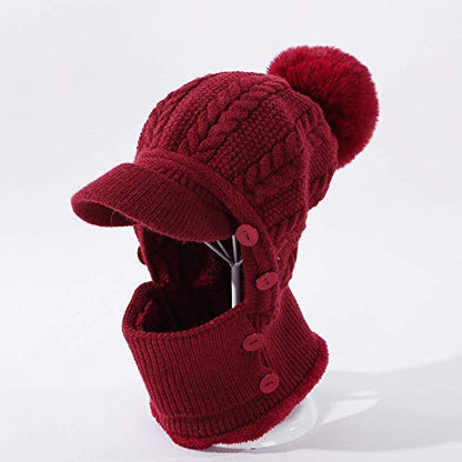 HUAMULAN Women Cable Knit Balaclavas Winter Fleece Lined Beanie Hat - color: Wine Red With Pompom