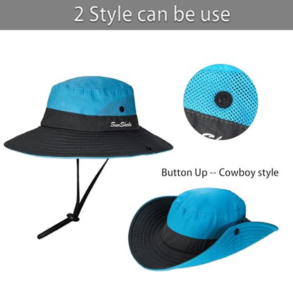 Women's Outdoor-UV-Protection-Foldable-Sun-Hats-Wide-Brim Hat Ponytail-Hole - color: Blue