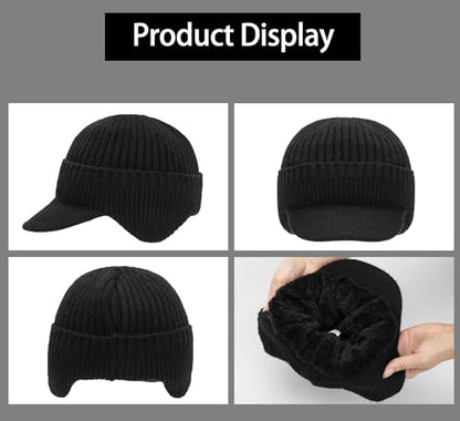 Men Earflap Beanie Knitted Lined Skullies Baseball Cap Windproof Neck Warmer - color: Black