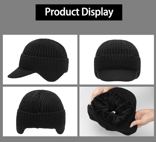 Men Earflap Beanie Knitted Lined Skullies Baseball Cap Windproof Neck Warmer - color: Black