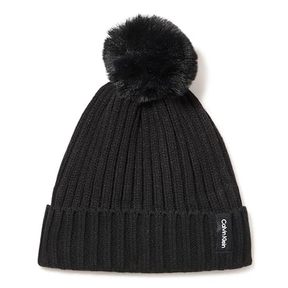 Calvin Klein Women's Faux Fur Pom Winter Beanie with Velboa Fleece Lining - color: Black