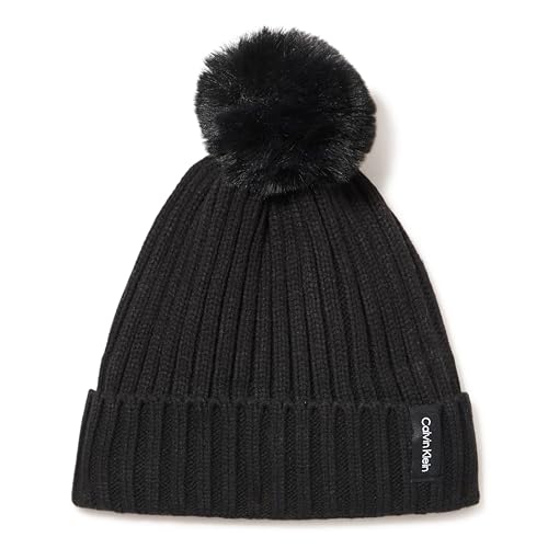 Calvin Klein Women's Faux Fur Pom Winter Beanie with Velboa Fleece Lining - color: Black