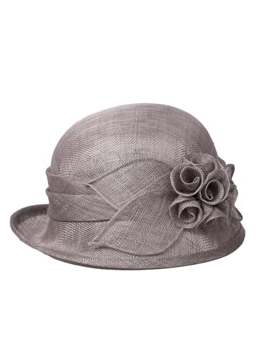 HIMESPORT Retro Sinamay Veil Flower Bride Wedding Fascinator Hat Feather Bowler Hat Hair Accessory Banquet Cocktail Party - color: Gray