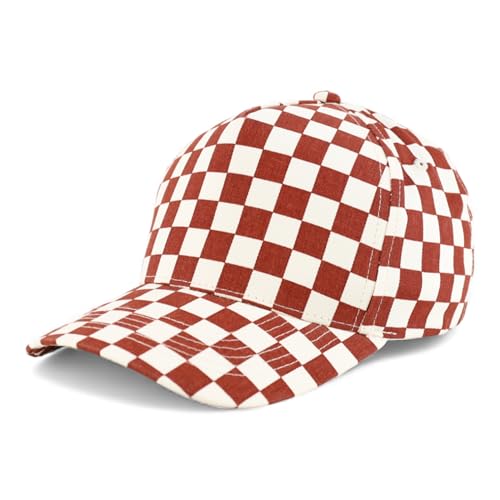 Trendy Apparel Shop Structured 5 Panel Checkered Print Baseball Cap - color: Burgundy