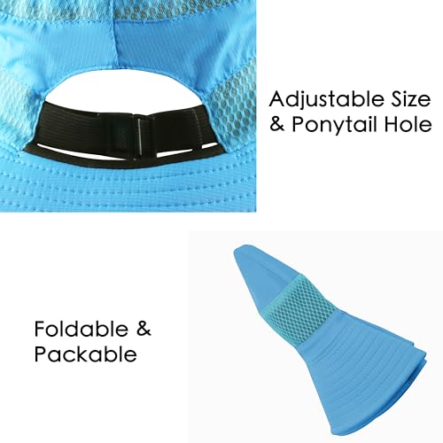 Muryobao Women Ponytail Sun Hat Summer UV Protection Cap Outdoor Foldable Mesh Wide Brim Bucket Hats for Beach Fishing Garden - color: Sky Blue
