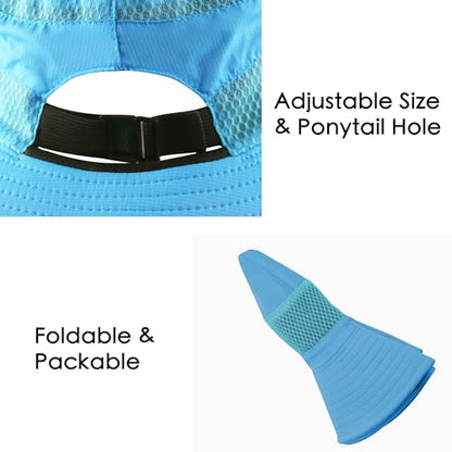 Muryobao Women Ponytail Sun Hat Summer UV Protection Cap Outdoor Foldable Mesh Wide Brim Bucket Hats for Beach Fishing Garden - color: Sky Blue