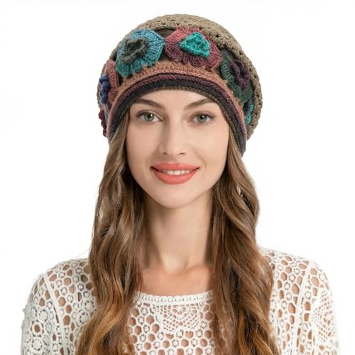 ZLYC Women Cotton Crochet Slouchy Beanie Hat Handmade Knit Summer Skull Cap - color: Colorful Flower Tan