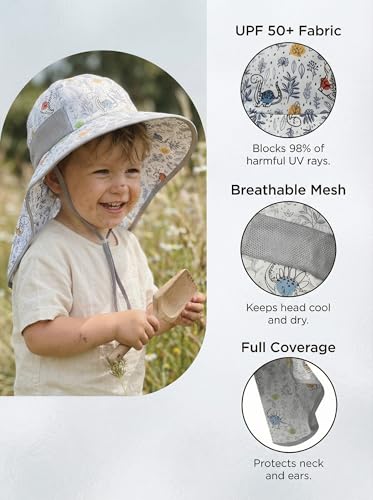 icolor Kids Sun Hat UPF50+ Sun Protection Bucket Hat Toddler Summer Beach Play Hats with Neck Flap for Girl Boy Ages 3~10 - color: Cute Dino Wilds