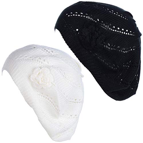BYOS Chic Parisian Style Soft Lightweight Crochet Cutout Knit Beret Beanie Hat - color: 2-pack Swirl White & Black