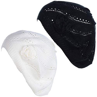 BYOS Chic Parisian Style Soft Lightweight Crochet Cutout Knit Beret Beanie Hat - color: 2-pack Swirl White & Black