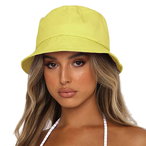 Bucket Hat for Women Men, Reversible Cotton Summer Sun Beach Cap Solid Color Style - color: A-yellow