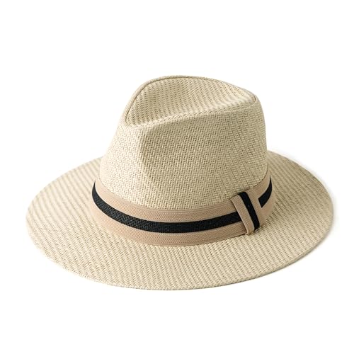Mens Wide Brim Summer Straw Fedora Beach Sun Hats Panama - color: Camel