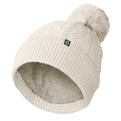 DALIX Cable Knit Pom Beanie Soft Stretch Skully Warm Fuzzy Faux Sherpa Winter Ski Beanie - color: Cream