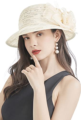 Organza Fascinator Hat - Women’s Wide Brim Church Bridal Tea Party Wedding Hat - color: 03-beige
