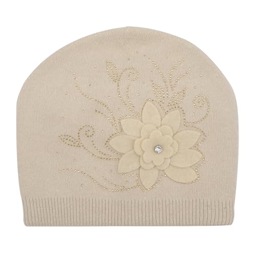 ZLYC Women Floral Slouchy Beanie Hat Double Layer Winter Knit Skull Cap - color: Flower Beige