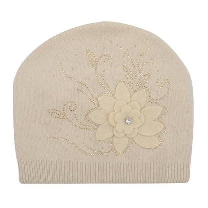 ZLYC Women Floral Slouchy Beanie Hat Double Layer Winter Knit Skull Cap - color: Flower Beige