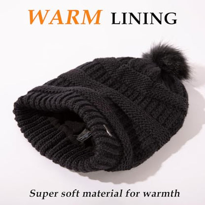 TOP-EX Winter Wool Slouchy Beanie for Women, Warm Faux Fur Pom Hat - color: Black_fleece Lined