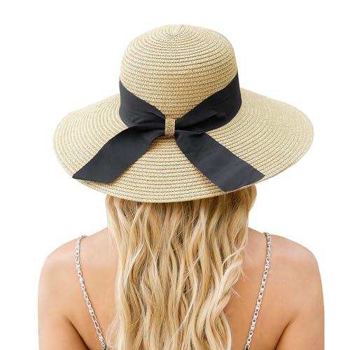 Beach Hats for Women, Sun Straw Hat for Women, UPF 50+ UV Foldable Sun Hat - color: C-beige