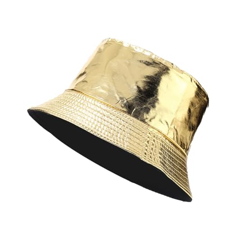 yolrdiw Unisex Fashion PU Leather Bucket Hat Glossy Reversible Rain Waterproof Fishmen Cap - color: Gold