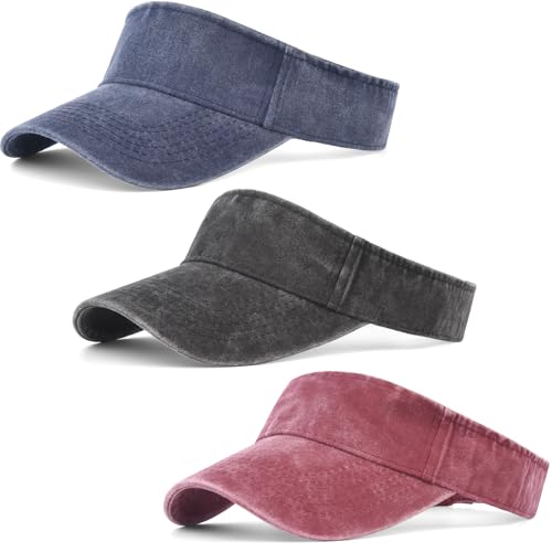 IYEBRAO 3 Pack Sun Visor Hat Sport Vintage Washed Adjustable Cotton Empty Top Ball Caps for Golf Running Tennis for Women&Men - color: Black+navy Blue+wine Red