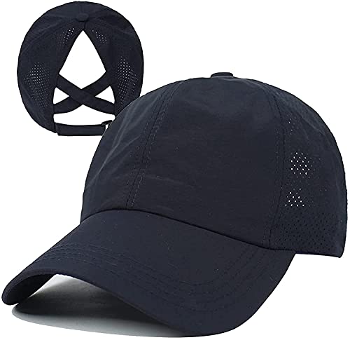Womens Criss Cross Ponytail Hat Quick Drying Baseball Cap Sun Hats UV Protection Sport Cap - color: Dark Blue