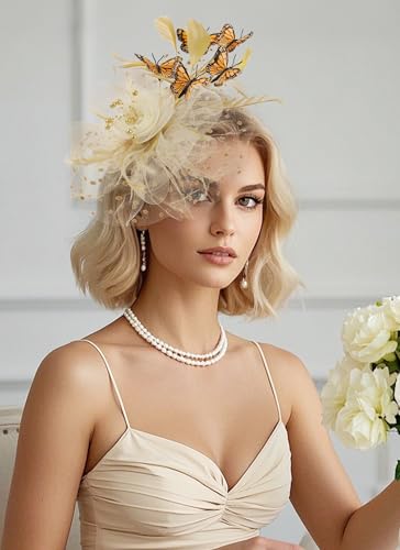 Zinniday Butterfly Derby Hat 2025 - Classic Tea Party Hats with Hair Clip, 1920s 50s Fascinators for Lady Woman - color: Gold White