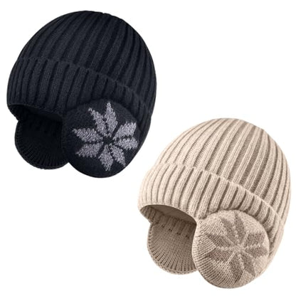2 Pack Kids Beanie Winter Hat for 3-10 Years Cute Warm Fleece Lined with Ear Flaps for Boys and Girls - color: Black+beige